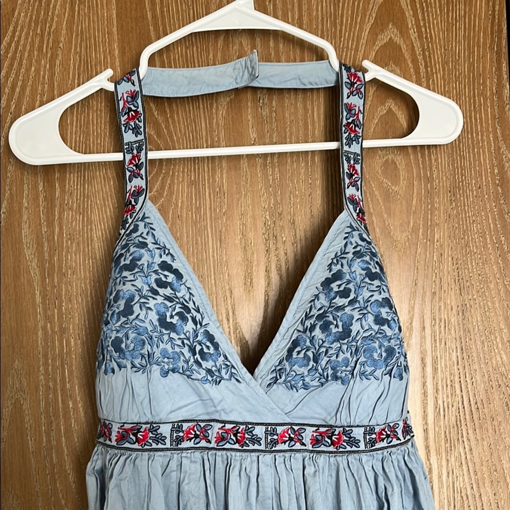Embroidered Blue Halter Dress
